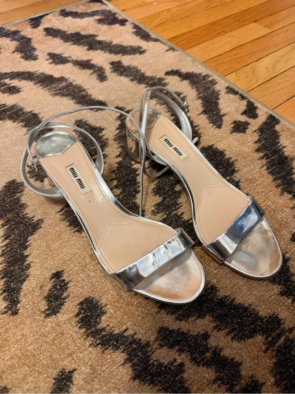 Miu Miu Metallic Silver Ankle-Strap block heels Sandals